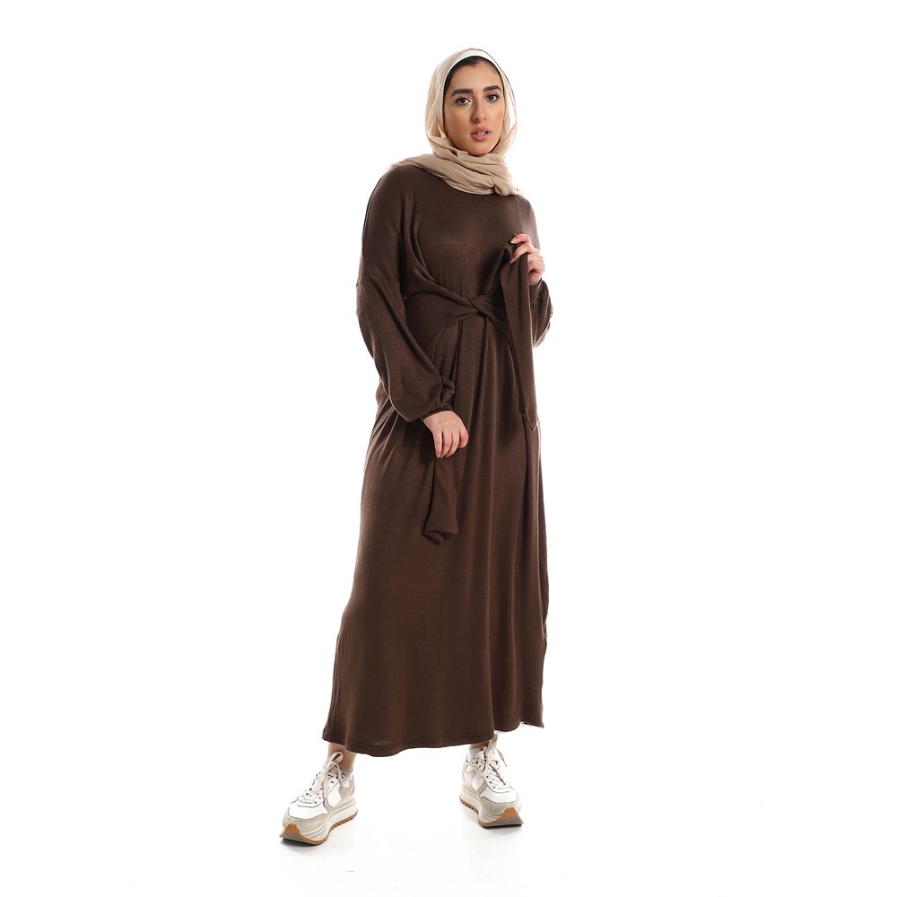 Red circle -  Balloon Long Sleeves Plain Dress With Waist Lace Up