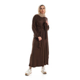 Red circle -  Balloon Long Sleeves Plain Dress With Waist Lace Up