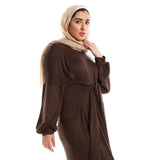 Red circle -  Balloon Long Sleeves Plain Dress With Waist Lace Up