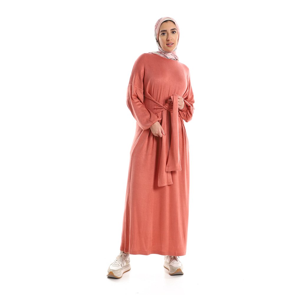 Red circle -  Balloon Long Sleeves Plain Dress With Waist Lace Up