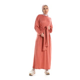 Red circle -  Balloon Long Sleeves Plain Dress With Waist Lace Up