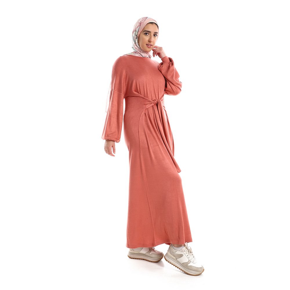 Red circle -  Balloon Long Sleeves Plain Dress With Waist Lace Up