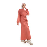 Red circle -  Balloon Long Sleeves Plain Dress With Waist Lace Up