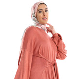Red circle -  Balloon Long Sleeves Plain Dress With Waist Lace Up