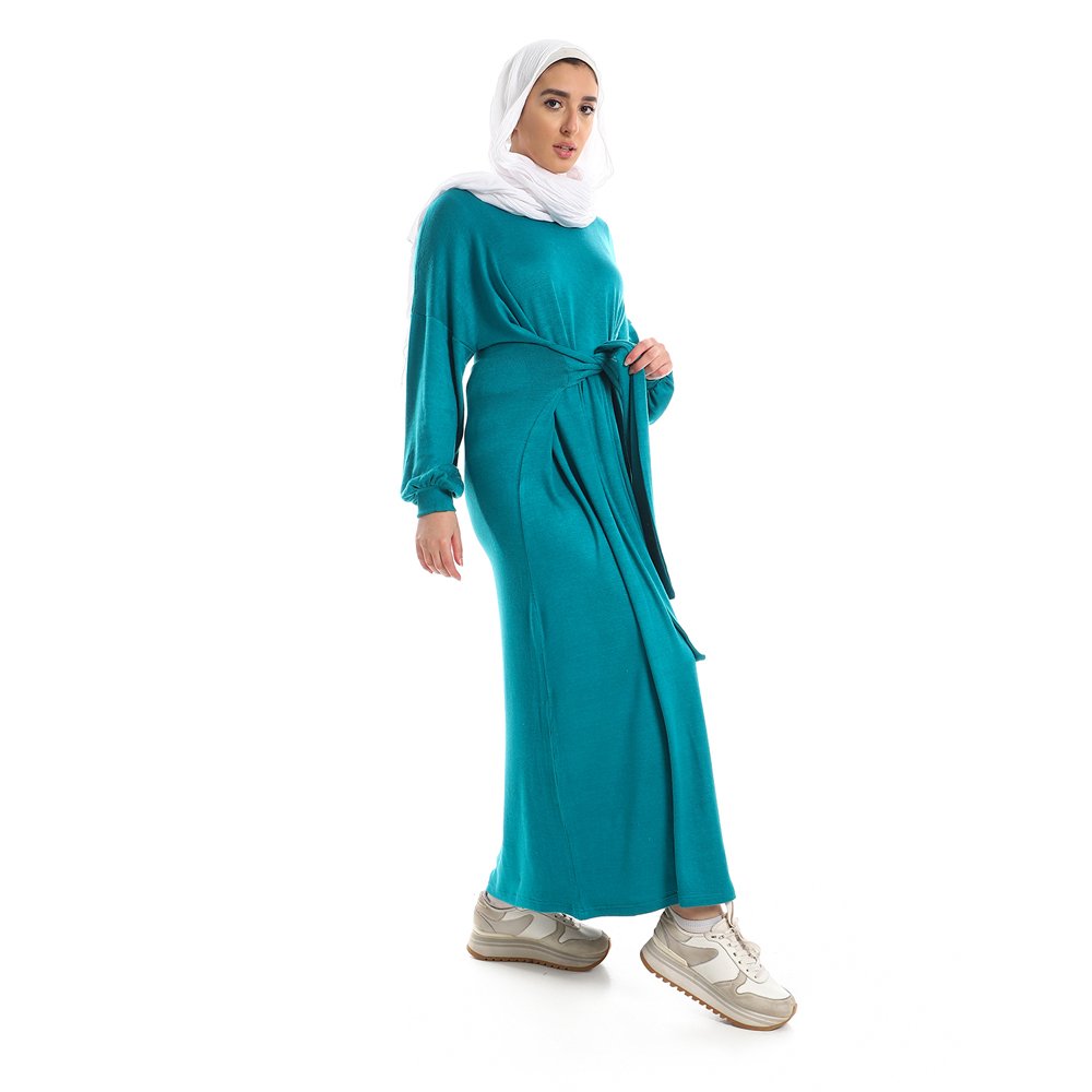 Red circle -  Balloon Long Sleeves Plain Dress With Waist Lace Up