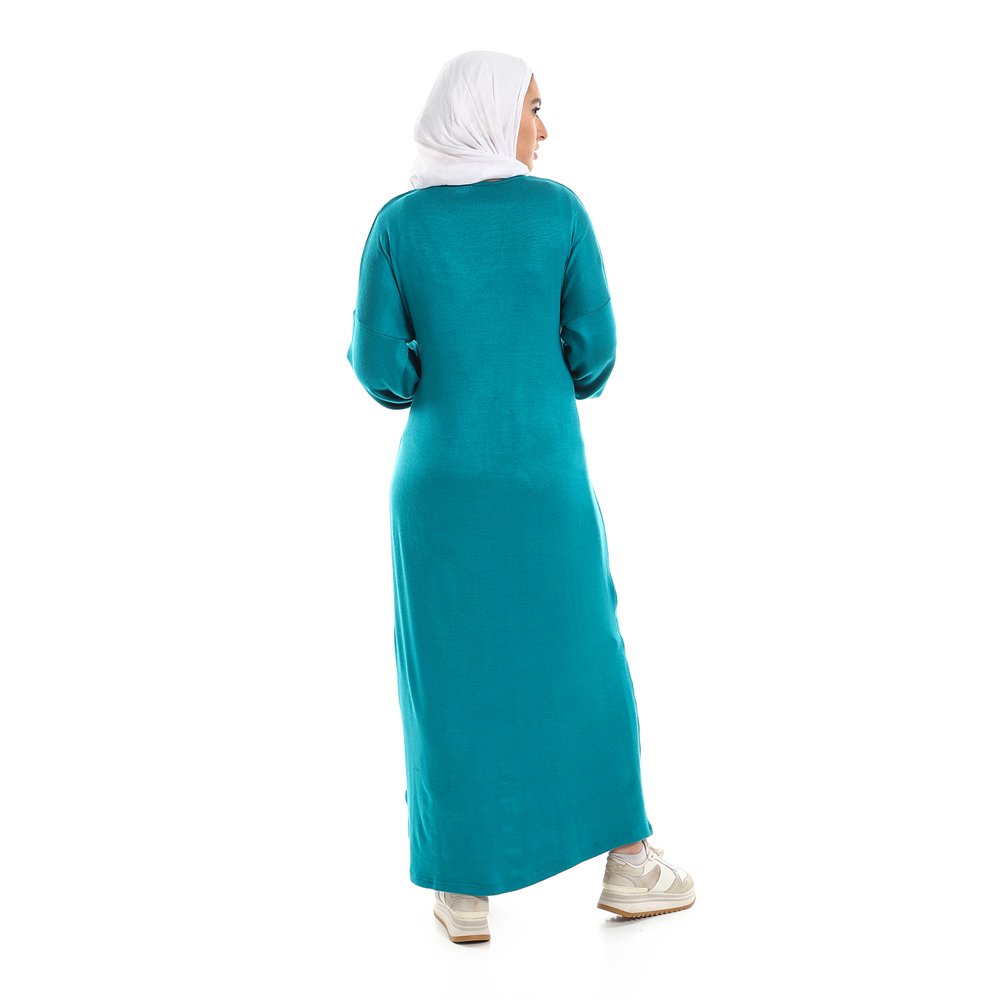 Red circle -  Balloon Long Sleeves Plain Dress With Waist Lace Up