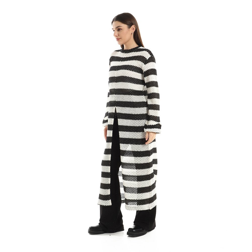 Red circle -  Striped Cotton Long Tunic Top With Front Slit