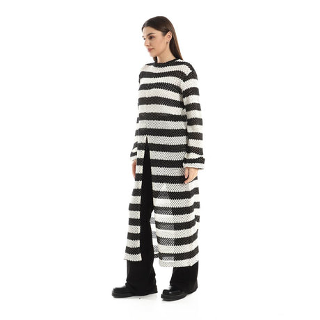 Red circle -  Striped Cotton Long Tunic Top With Front Slit