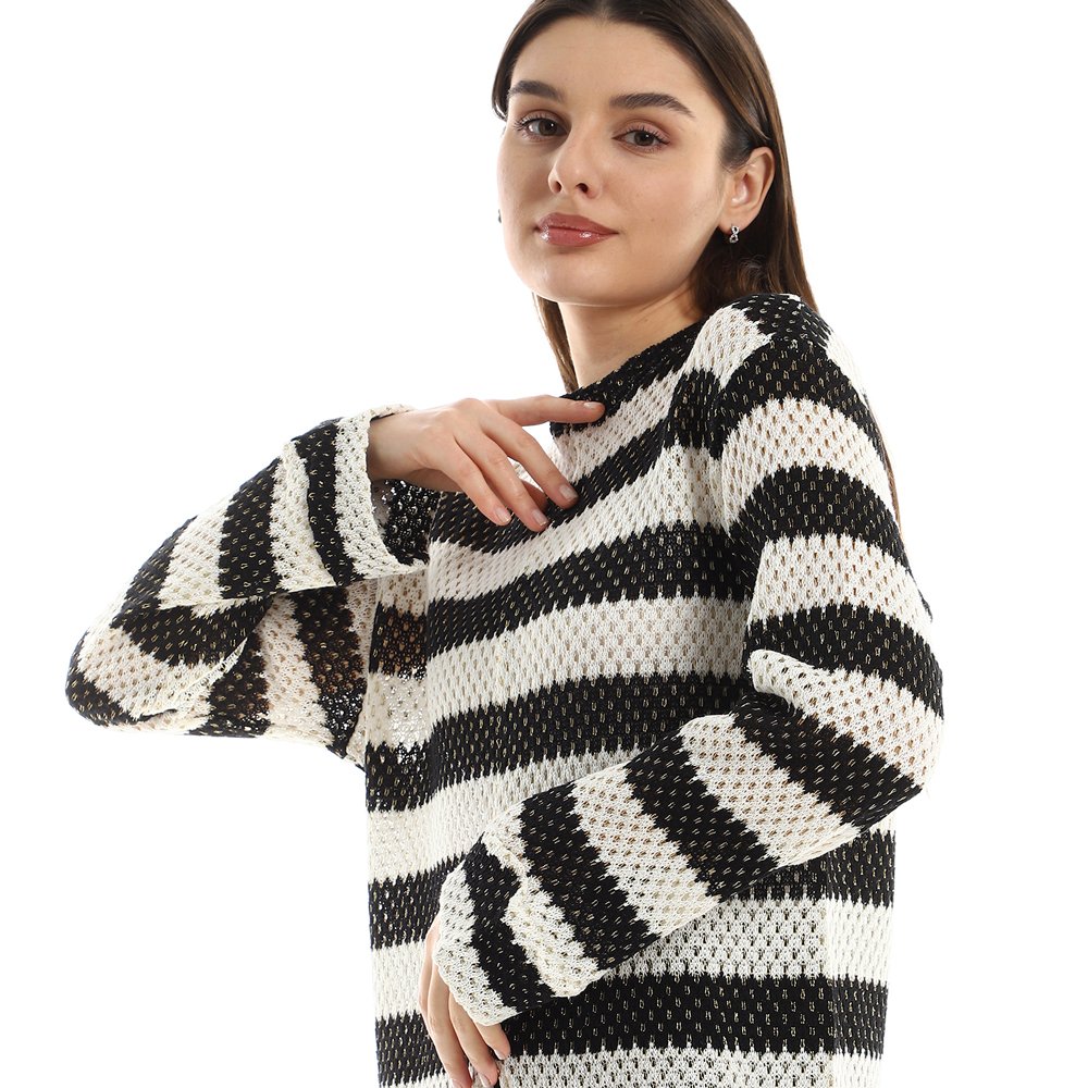 Red circle -  Striped Cotton Long Tunic Top With Front Slit
