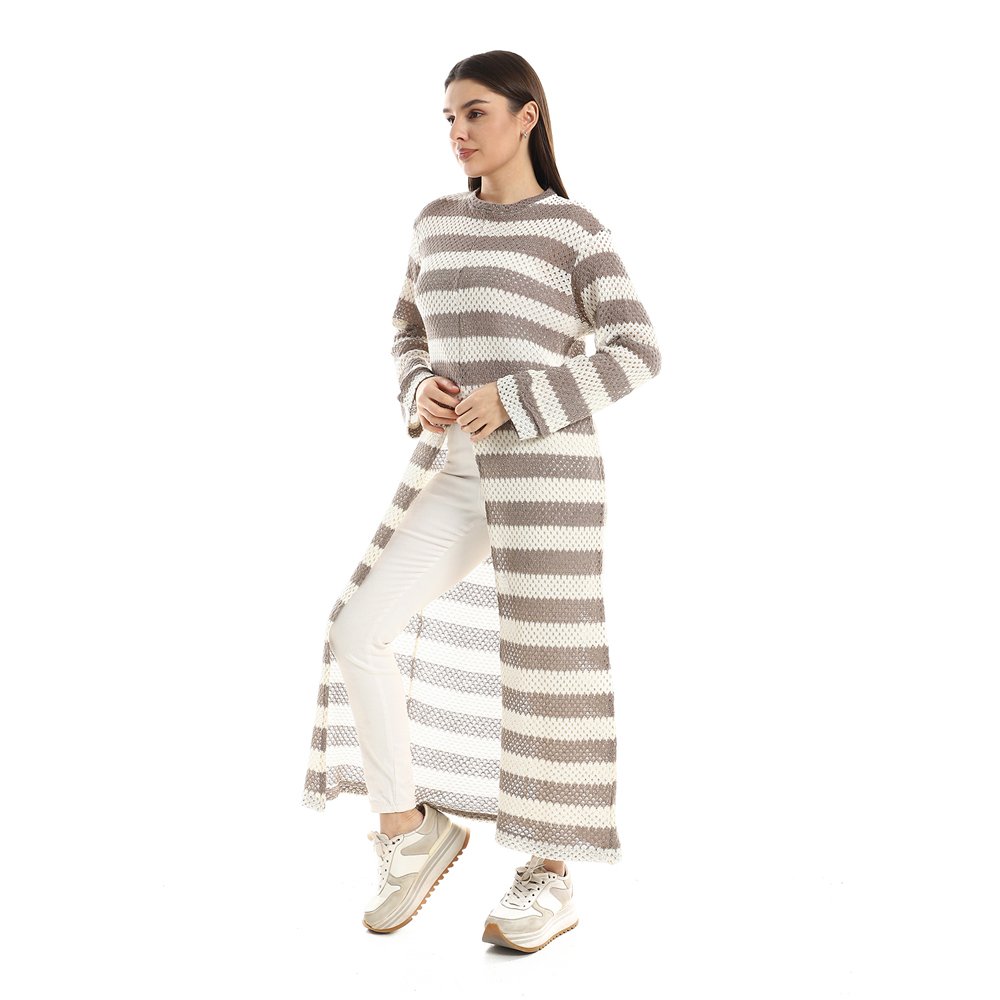 Red circle -  Striped Cotton Long Tunic Top With Front Slit