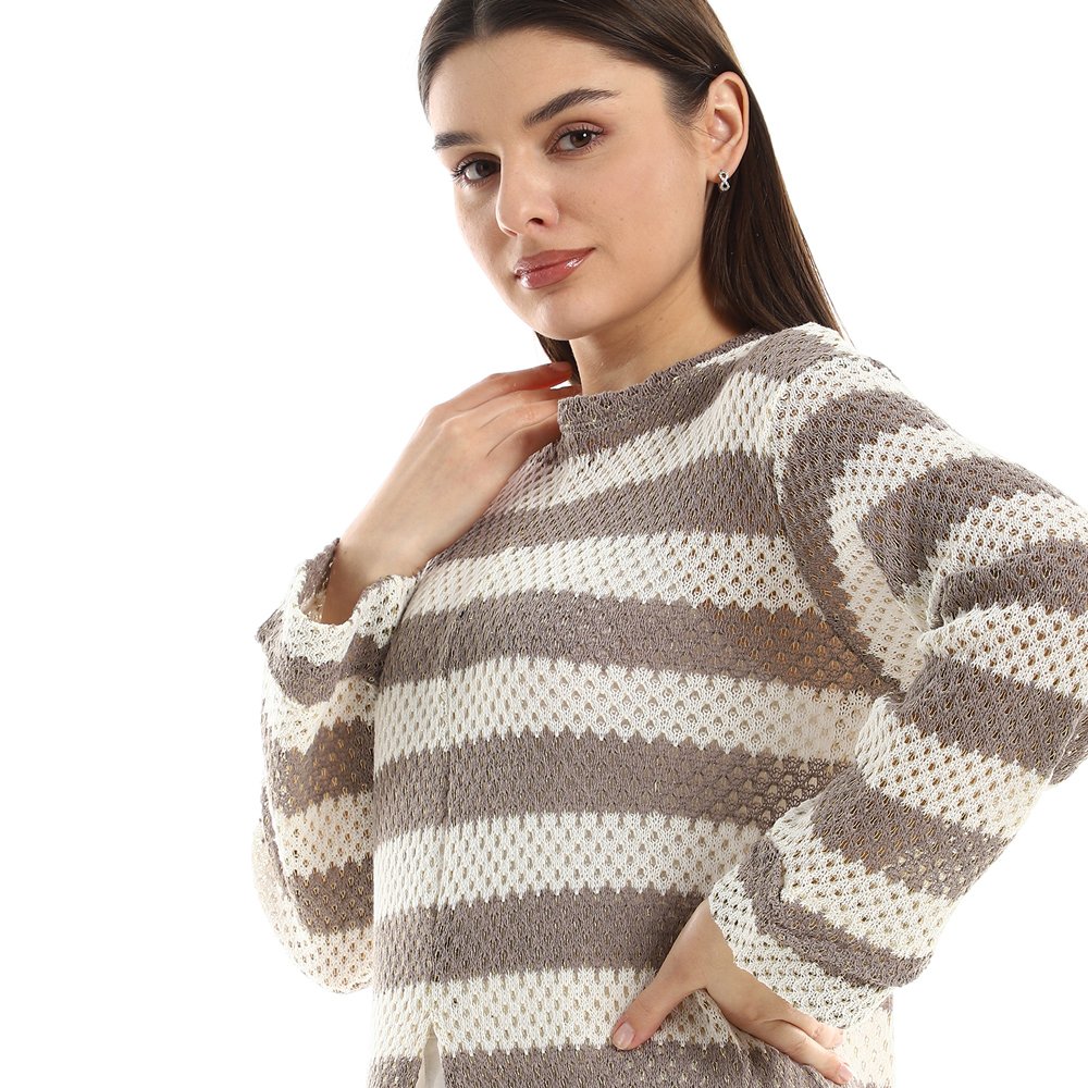 Red circle -  Striped Cotton Long Tunic Top With Front Slit