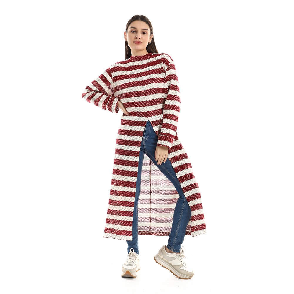 Red circle -  Striped Cotton Long Tunic Top With Front Slit
