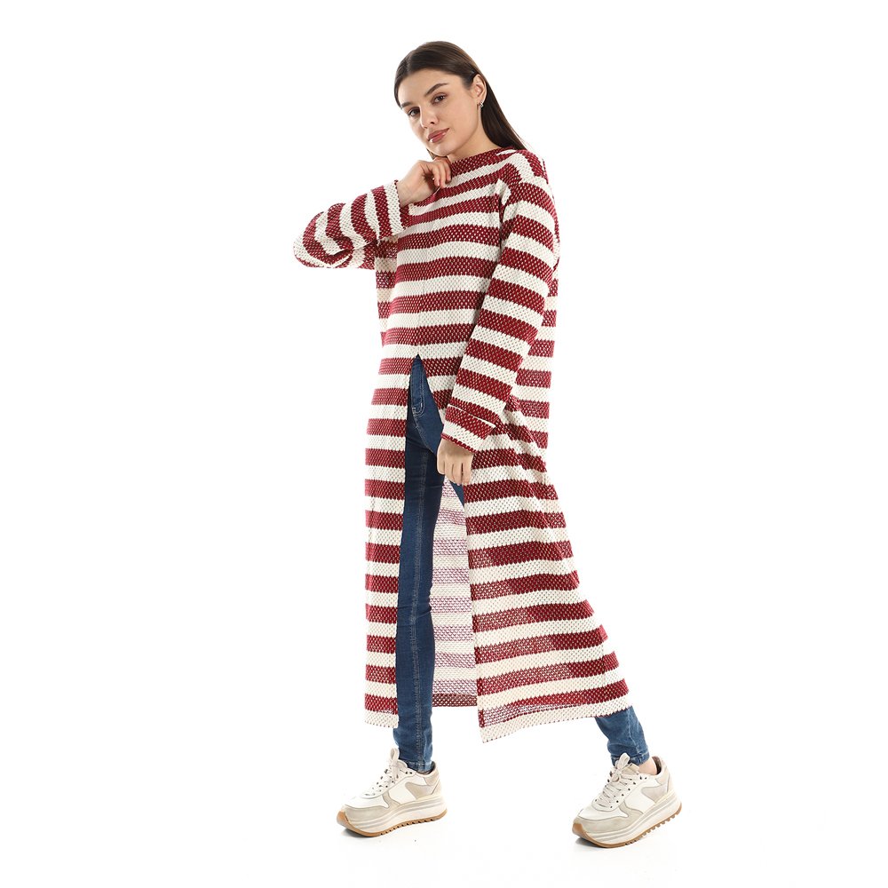 Red circle -  Striped Cotton Long Tunic Top With Front Slit