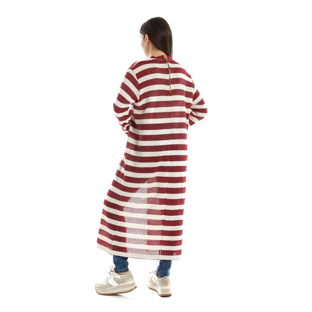 Red circle -  Striped Cotton Long Tunic Top With Front Slit