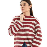 Red circle -  Striped Cotton Long Tunic Top With Front Slit