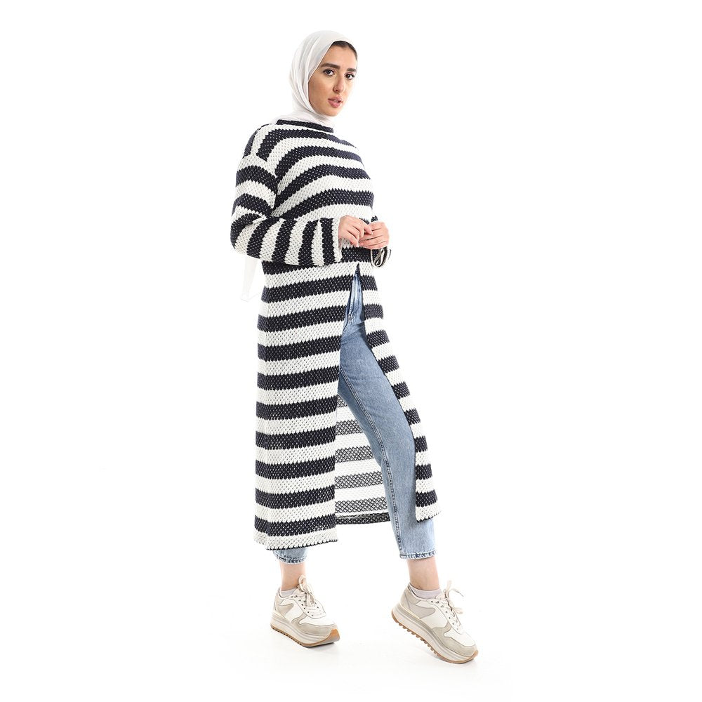 Red circle -  Striped Cotton Long Tunic Top With Front Slit