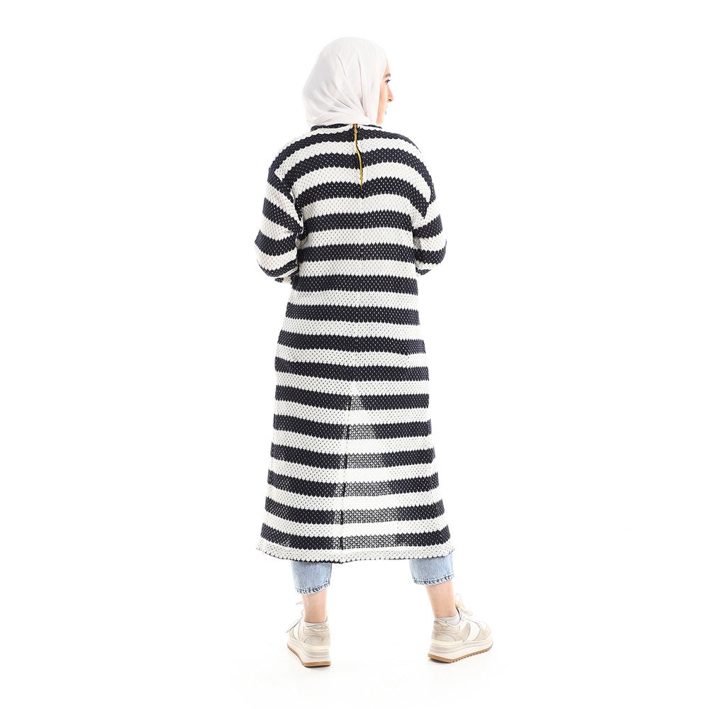 Red circle -  Striped Cotton Long Tunic Top With Front Slit