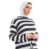 Red circle -  Striped Cotton Long Tunic Top With Front Slit