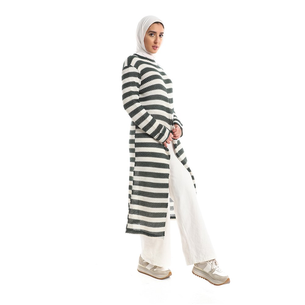 Red circle -  Striped Cotton Long Tunic Top With Front Slit