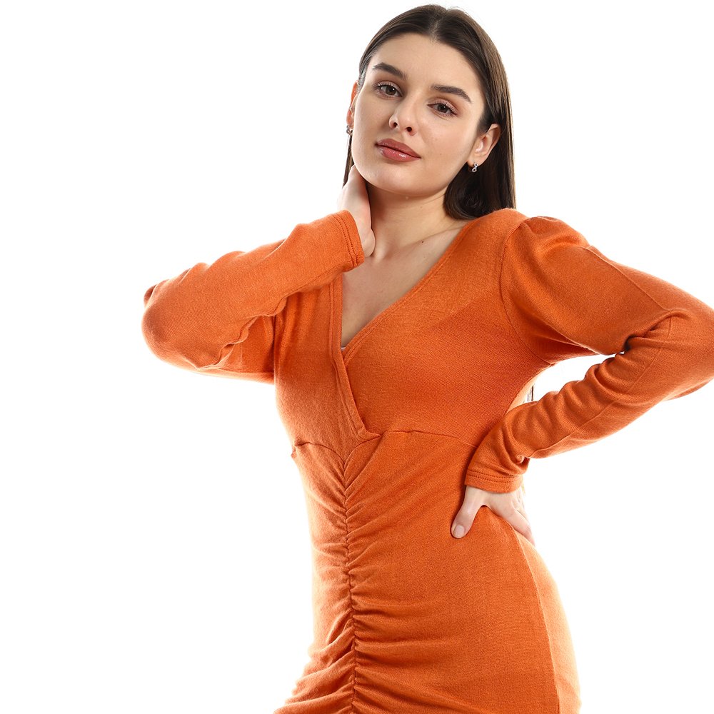 Red circle -  Front Gathered V-Neck Slip On Dress