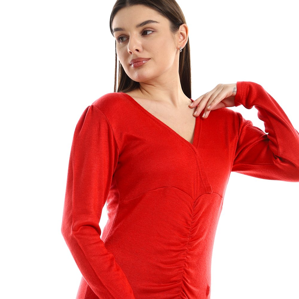 Red circle -  Front Gathered V-Neck Slip On Dress