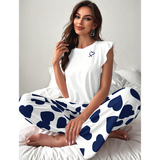 شي أن - CoupledUp طقم بيجامة/طقم ملابس نوم بطبعة قلب وتشذيب كشكش