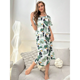 R-Shein - Women's Round Neck Short Sleeve Nightgown, Printed with Tropical Birds and Plants