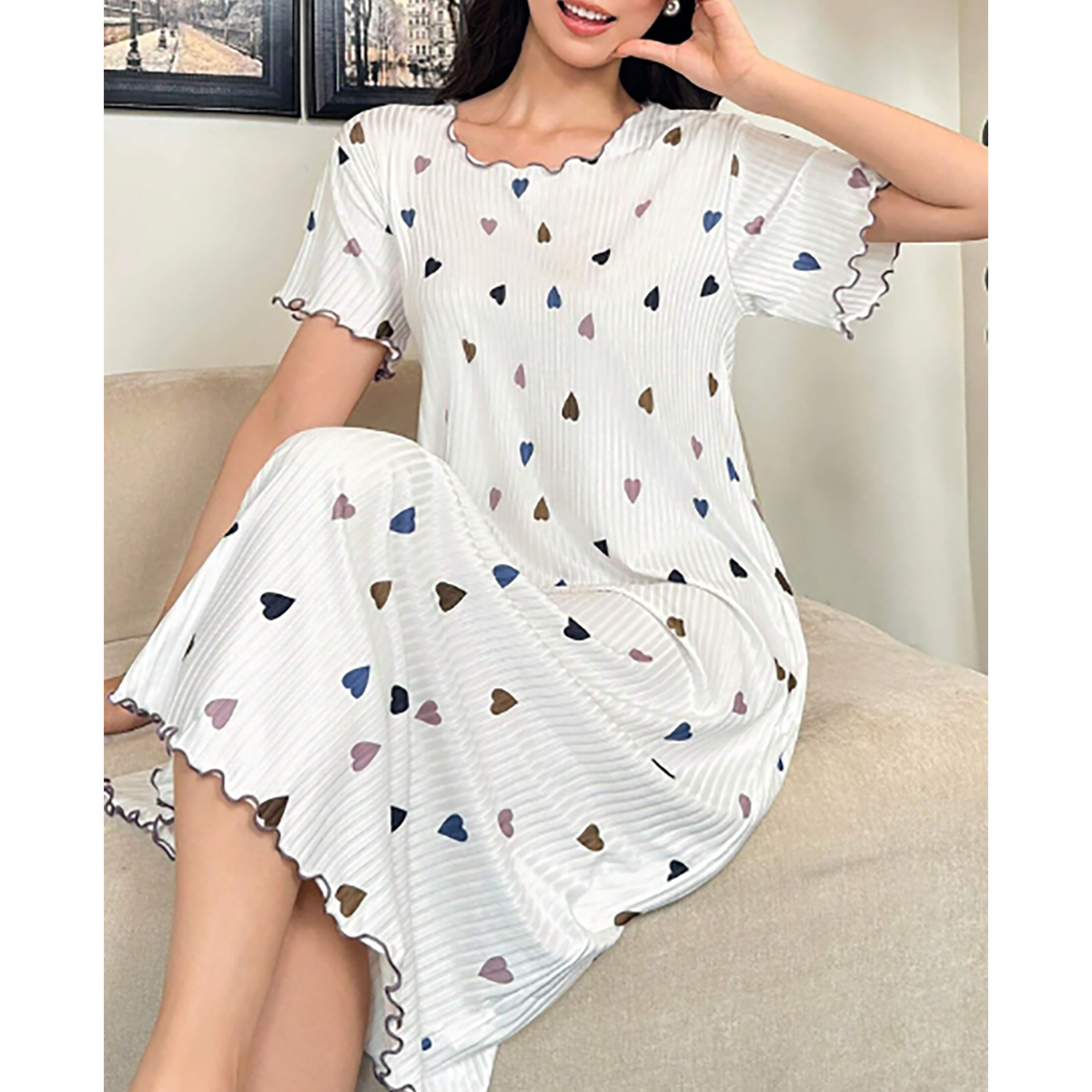R-Shein - Short-sleeved nightgown with colorful heart print