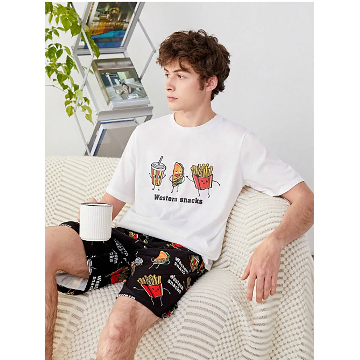 Shein -  Knitted Homewear Set for Teens, Crew Neck Short Sleeve T-Shirt with Sweet Potato and Letter Print and Shorts