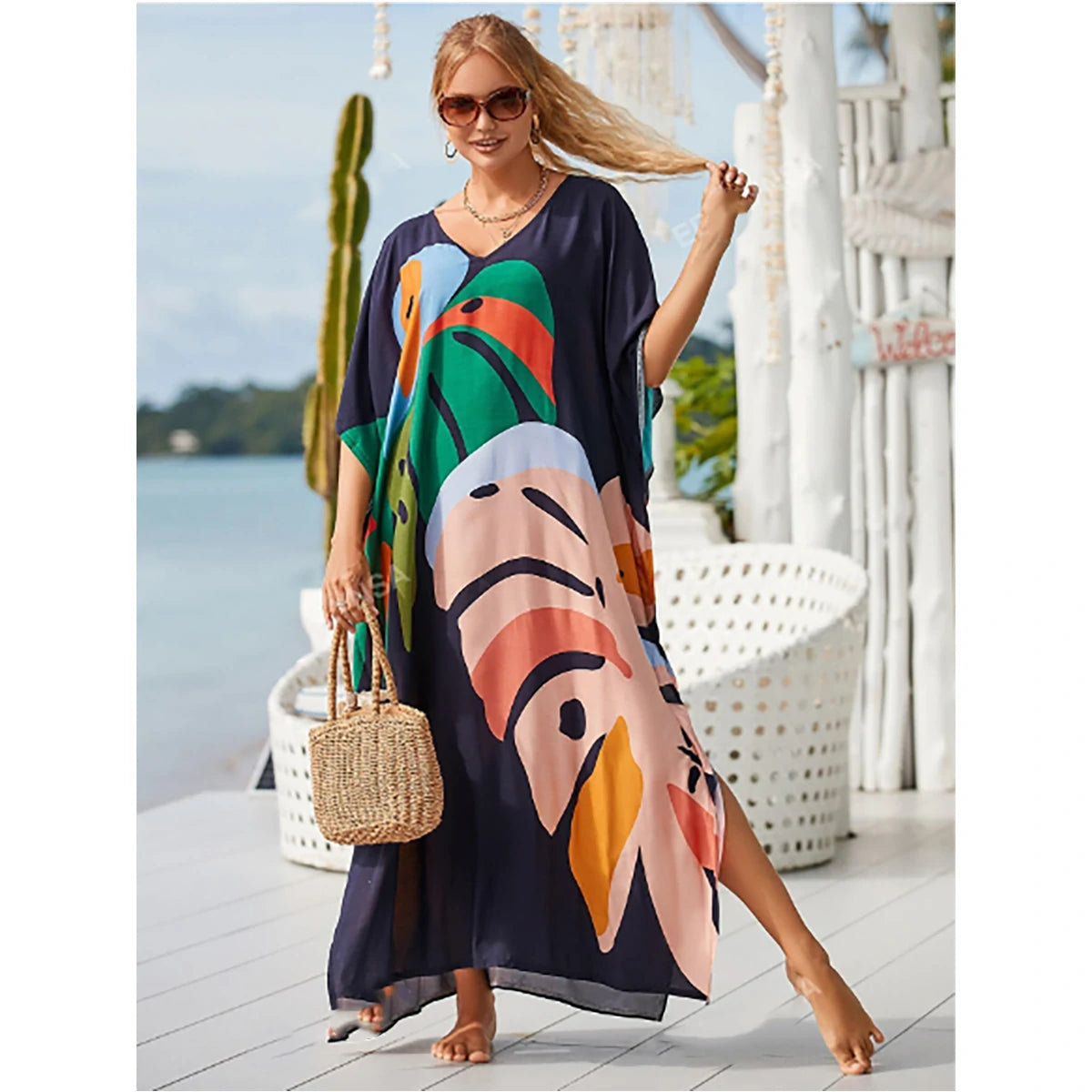 Shein - Women holiday print leaf beachwear home kaftan dress