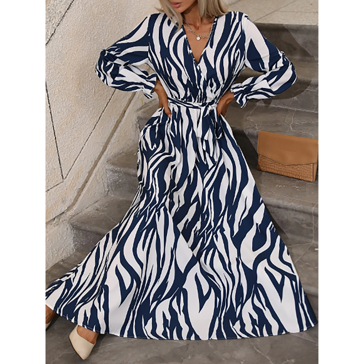 R-Shein - Zebra striped belted dress with halter neck