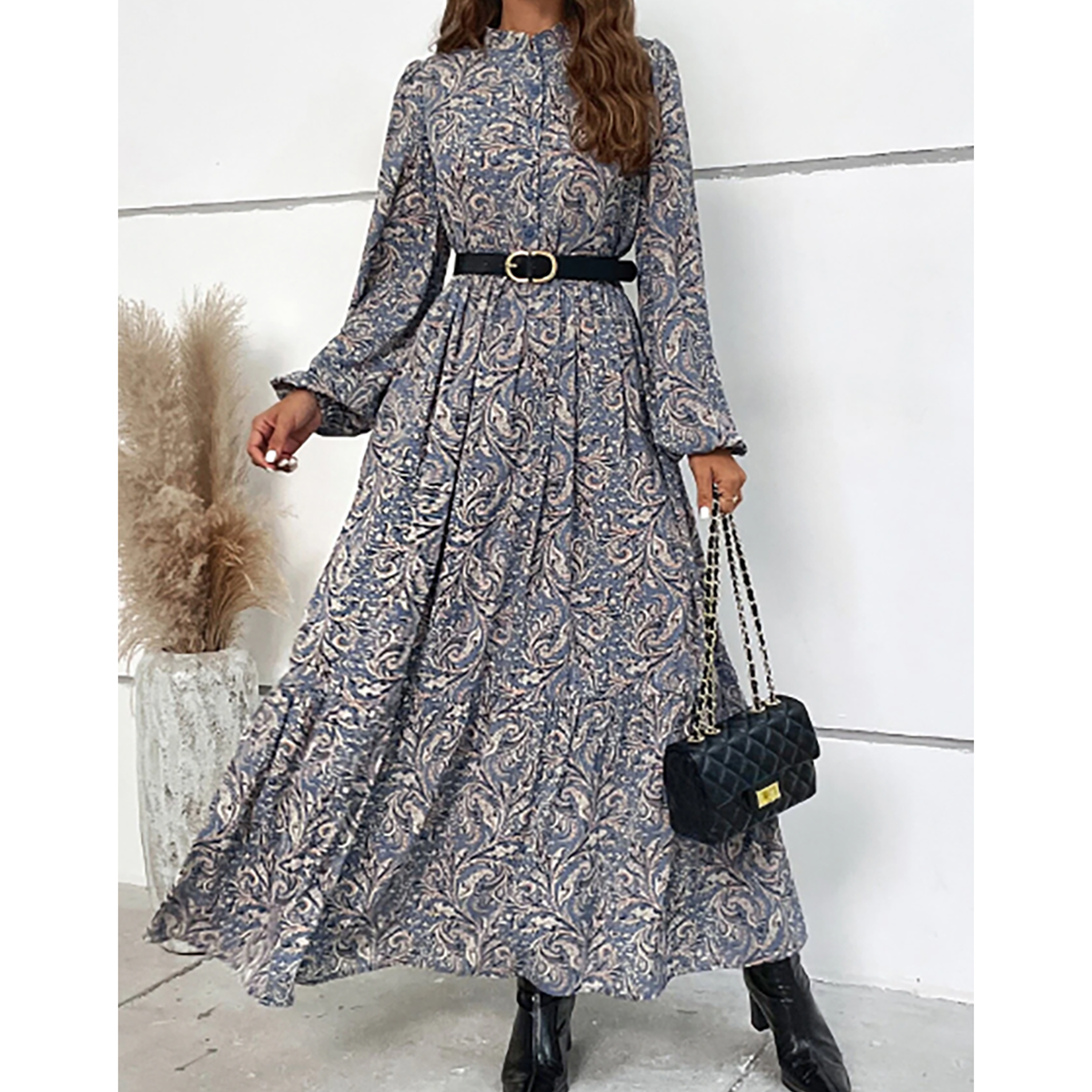 R-Shein - Women's maxi dress with button front and all over print design without belt