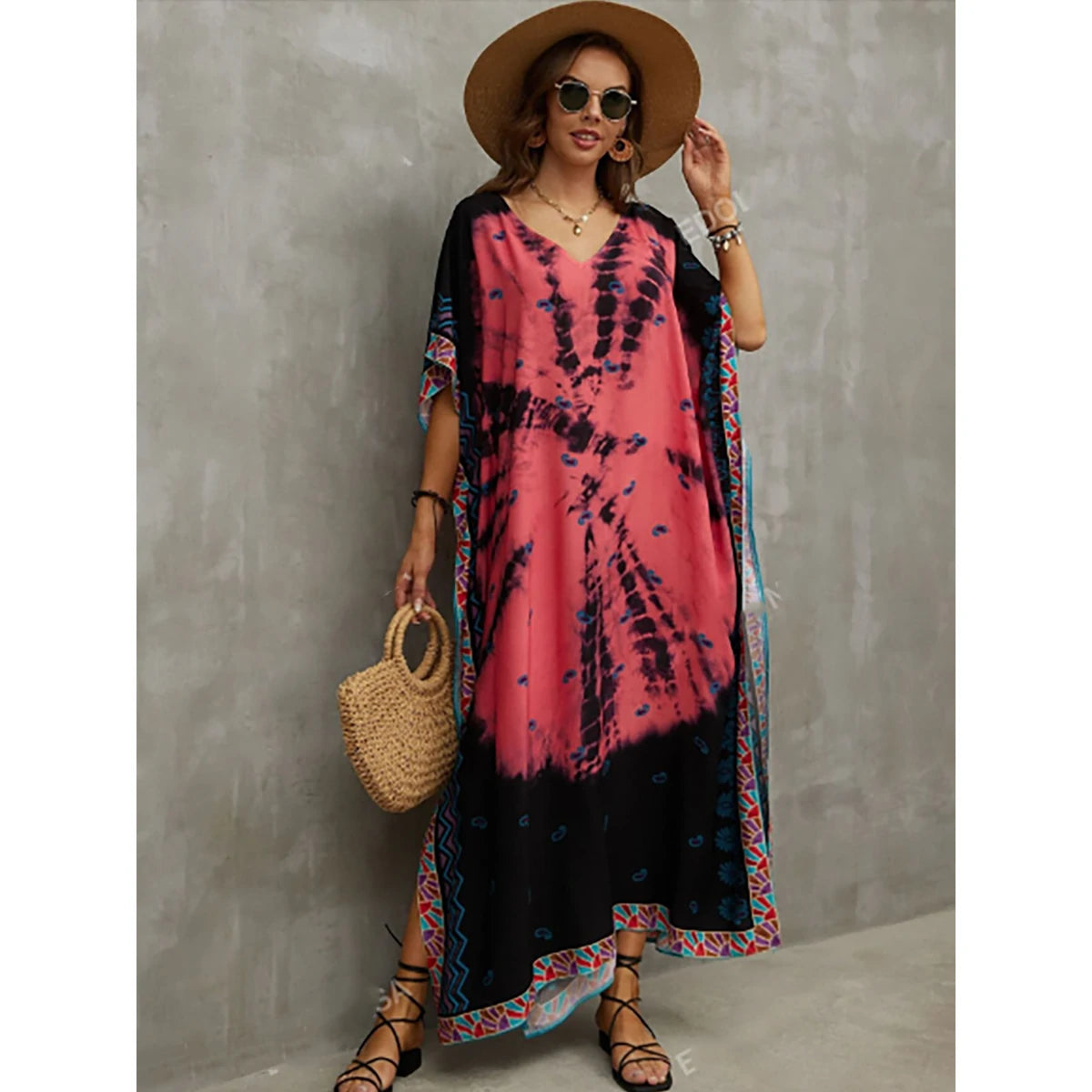 Shein - Tie-dye coastal dress with batwing sleeves and thigh slit