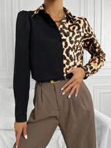 Shein - Leopard Print Spliced Button Up Shirt