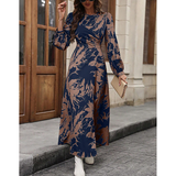 R-Shein - Elegant maxi dress for women, long sleeves and floral prints, decorated with pleats