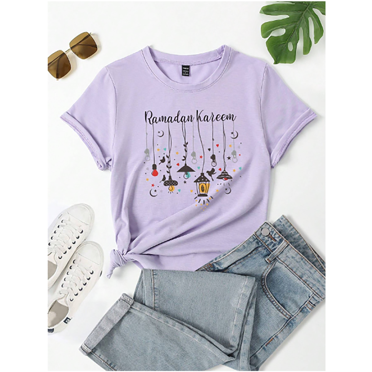R-Shein - Women's Short Sleeve Shirt with Trendy Colorful Flashlight Design Print