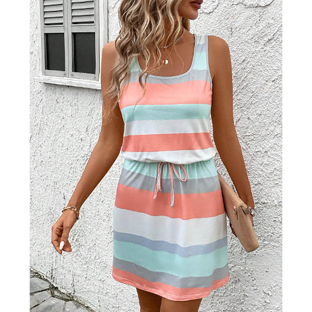 R-Shein - R-Shein LUNE O-Neck Sleeveless Cotton Summer Dress with Full Color Stripe Print and Drawstring Waist Belt for Summer, Beach, Vacation