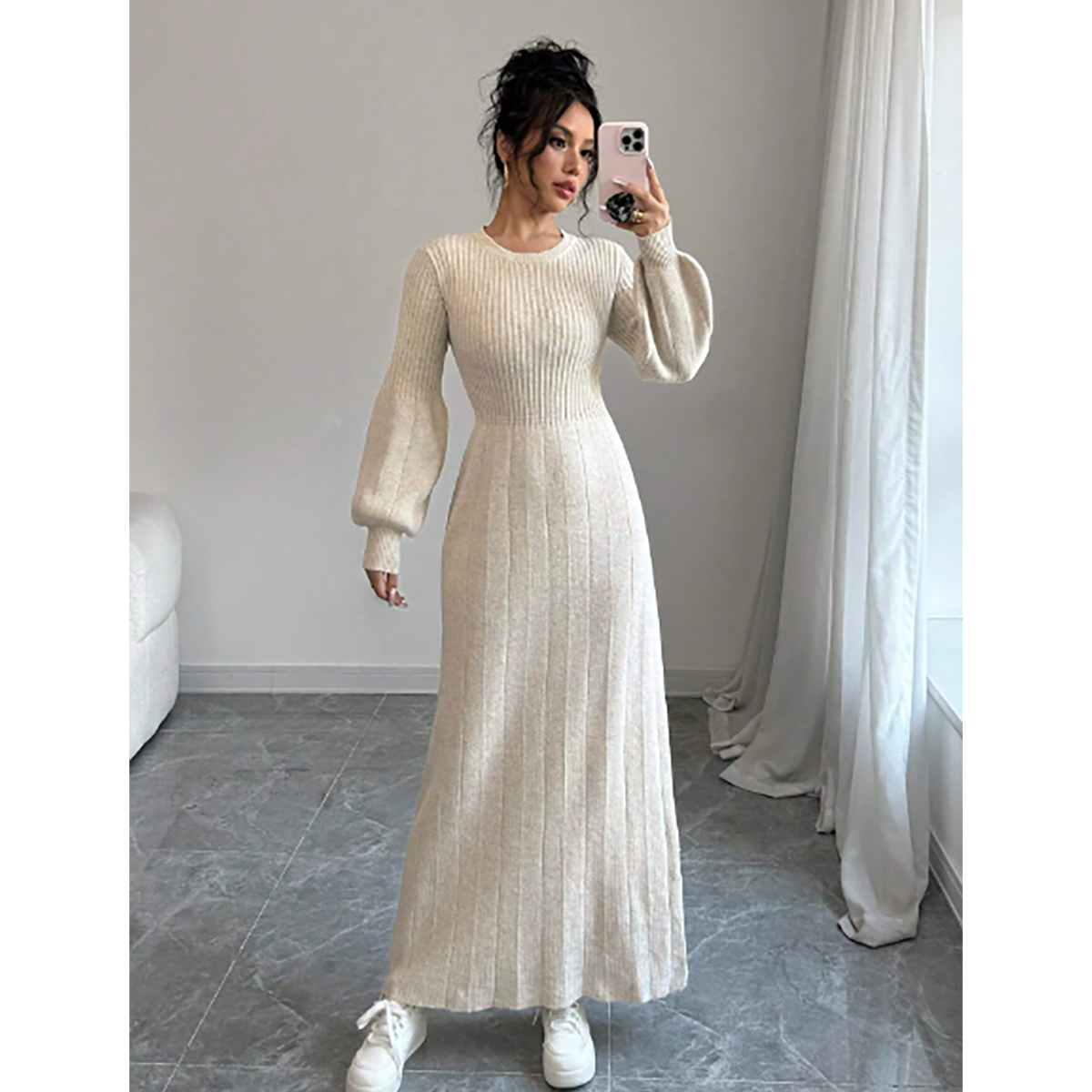 R-Shein - R-Shein Raffin√©a Women's Solid Color Lantern Sleeve Casual Maxi Dress, Autumn/Winter