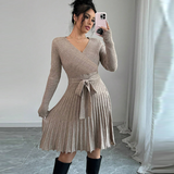 R-Shein - R-Shein Raffin√©a Women's Tie Waist Wrinkle Train V Neck Long Sleeve Knit Shirt Dress Solid Color One Piece