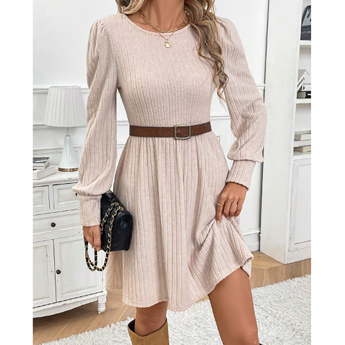 R-Shein - R-Shein Frenchy Women's Casual Mini Dress with scoop neck, lantern sleeves and open back