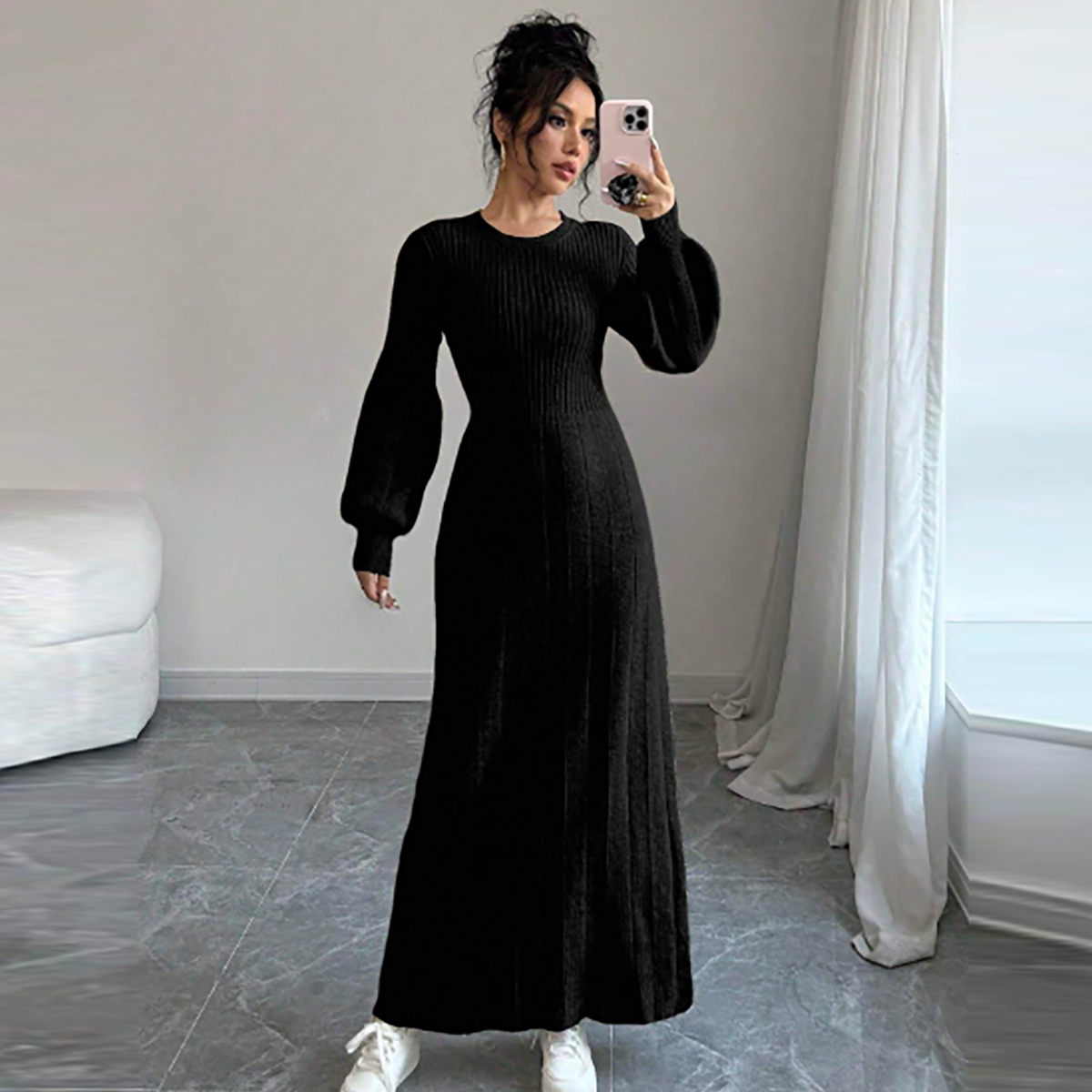 R-Shein - R-Shein Raffin√©a Women's Long Sleeve Round Neck Sweater Dress Black Solid Color Loft Casual One Piece Sweater Dress